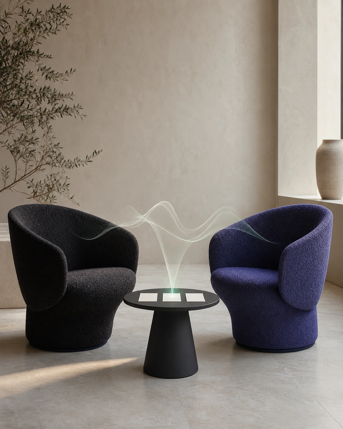Two chairs connected by a flowing voice waveform above structured interview notes